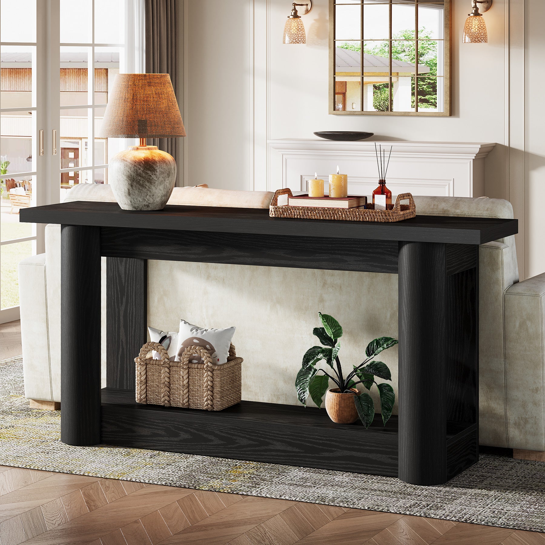 63" Farmhouse Console Table with 2-Tier Storage, Rustic Narrow Sofa Table Behind Couch