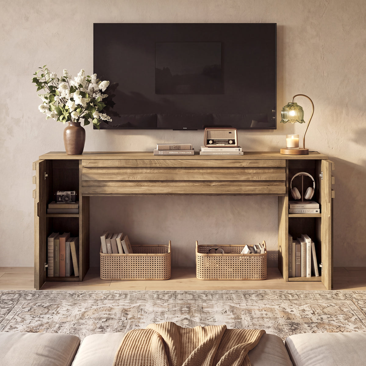 160cm TV Stand, Farmhouse Console with Hidden Cabinets for Living Room