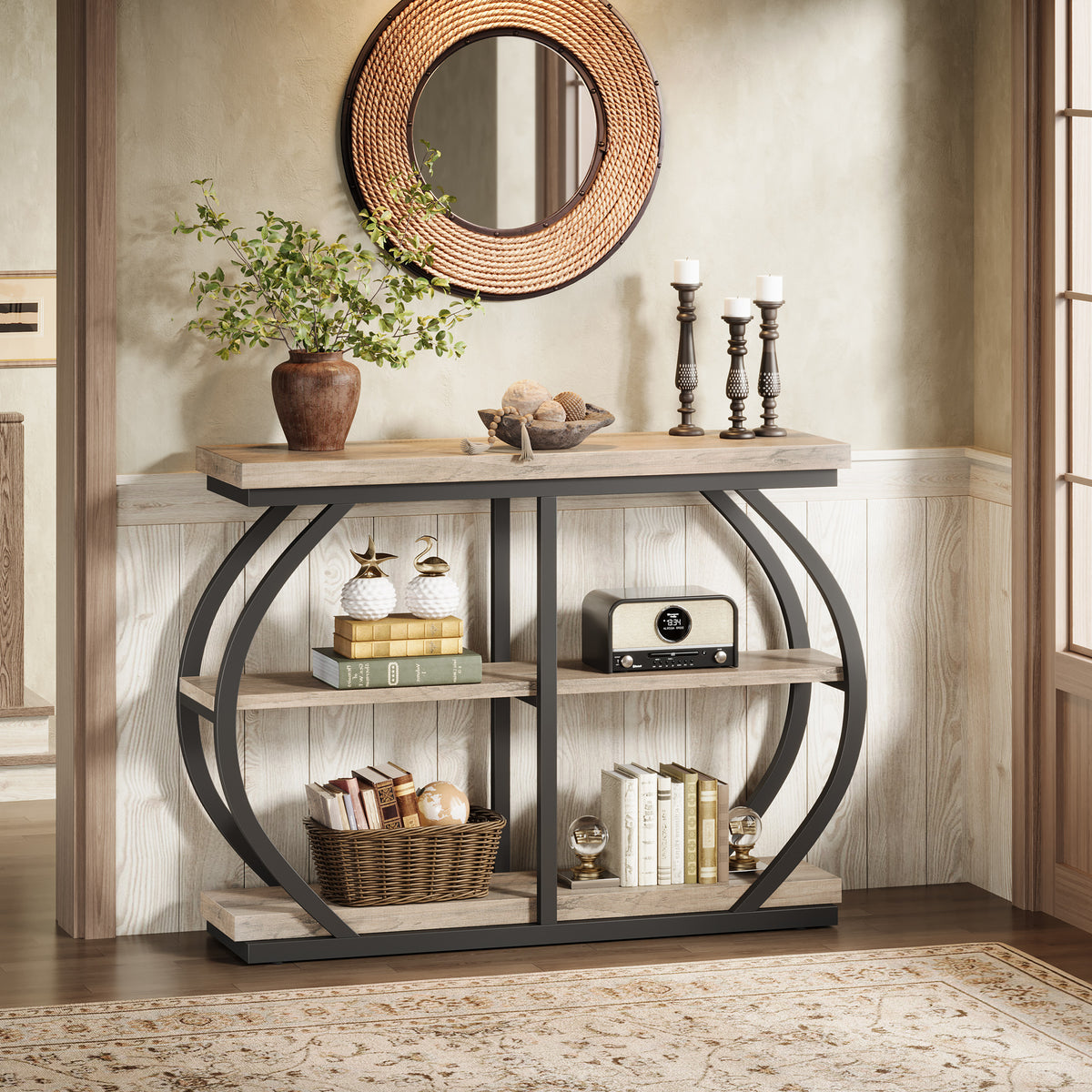 41.33" Industrial Console Table - Rustic Brown 3-Tier Entryway Shelf w/Arched Metal Frame