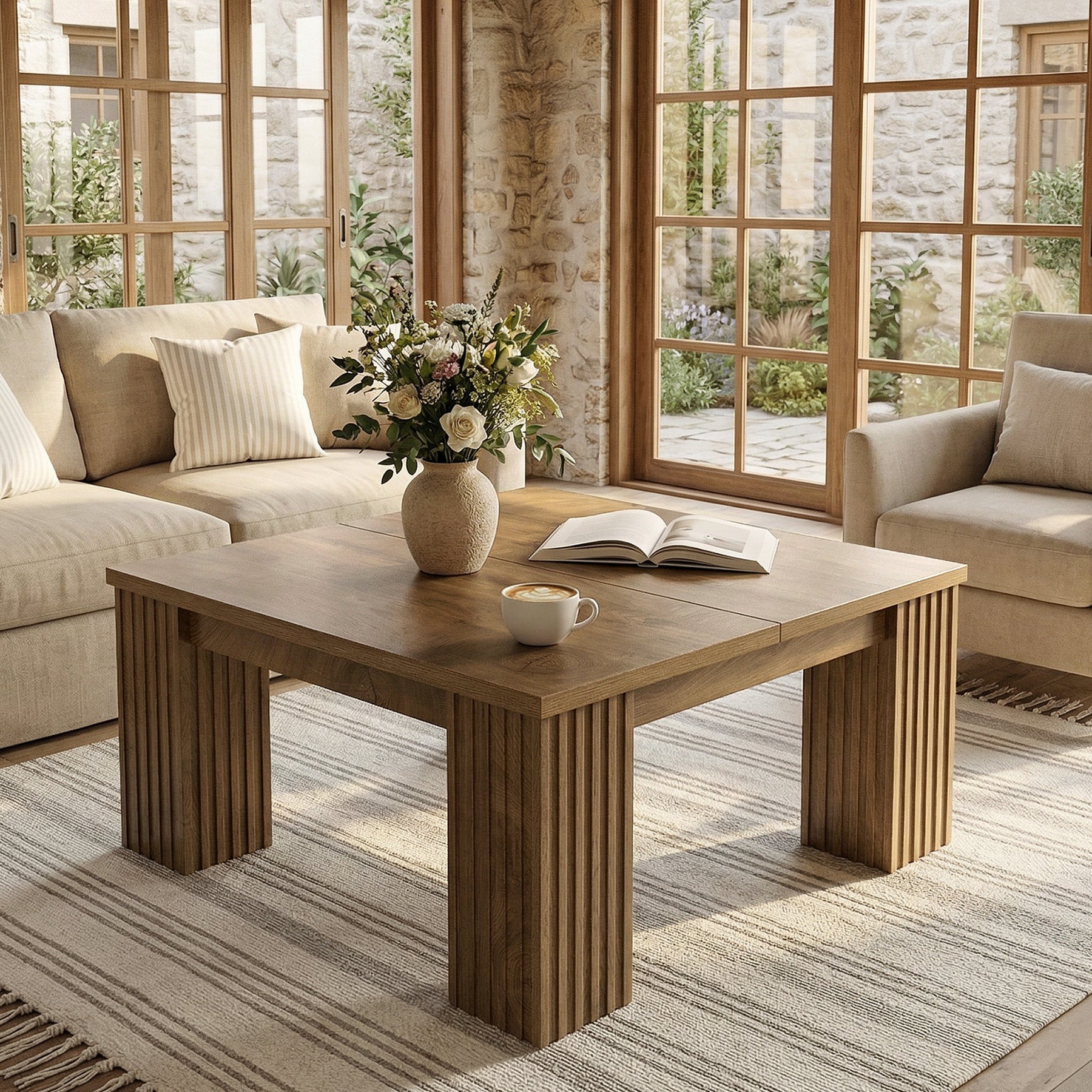 100cm Square Coffee Table, Farmhouse Center Table with Fluted Legs