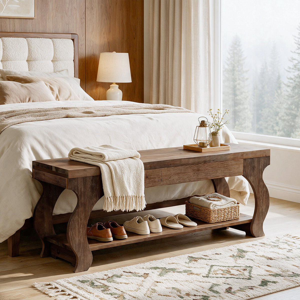140cm Entryway Bench, Solid Wood 2-Tier Farmhouse Storage Shelf