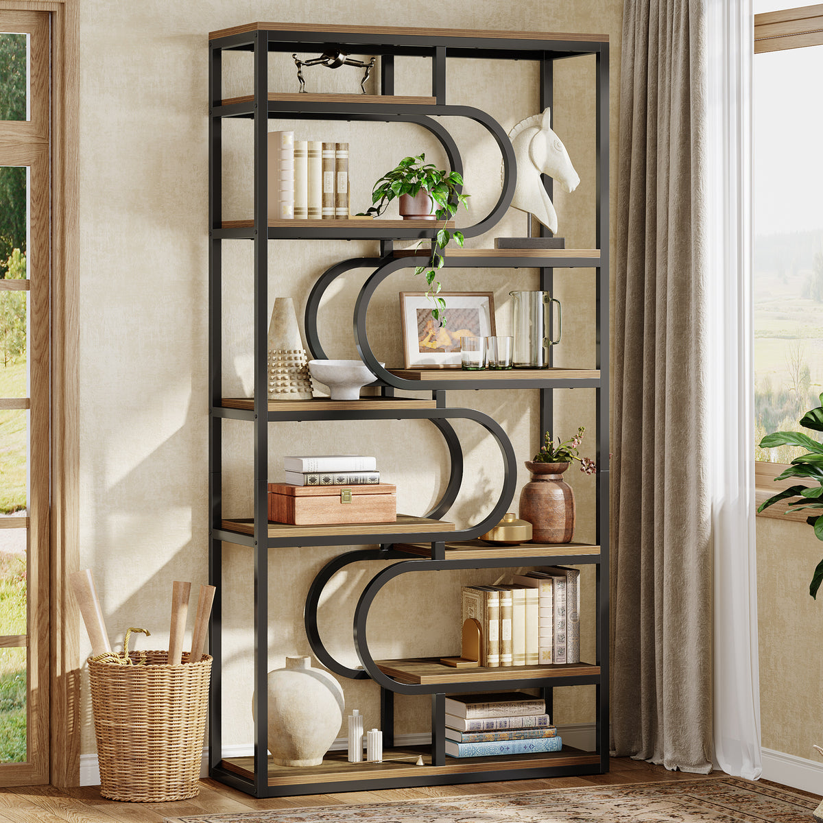 180cm 5-Tier Bookcase, Industrial Metal Frame Shelf for Home Office