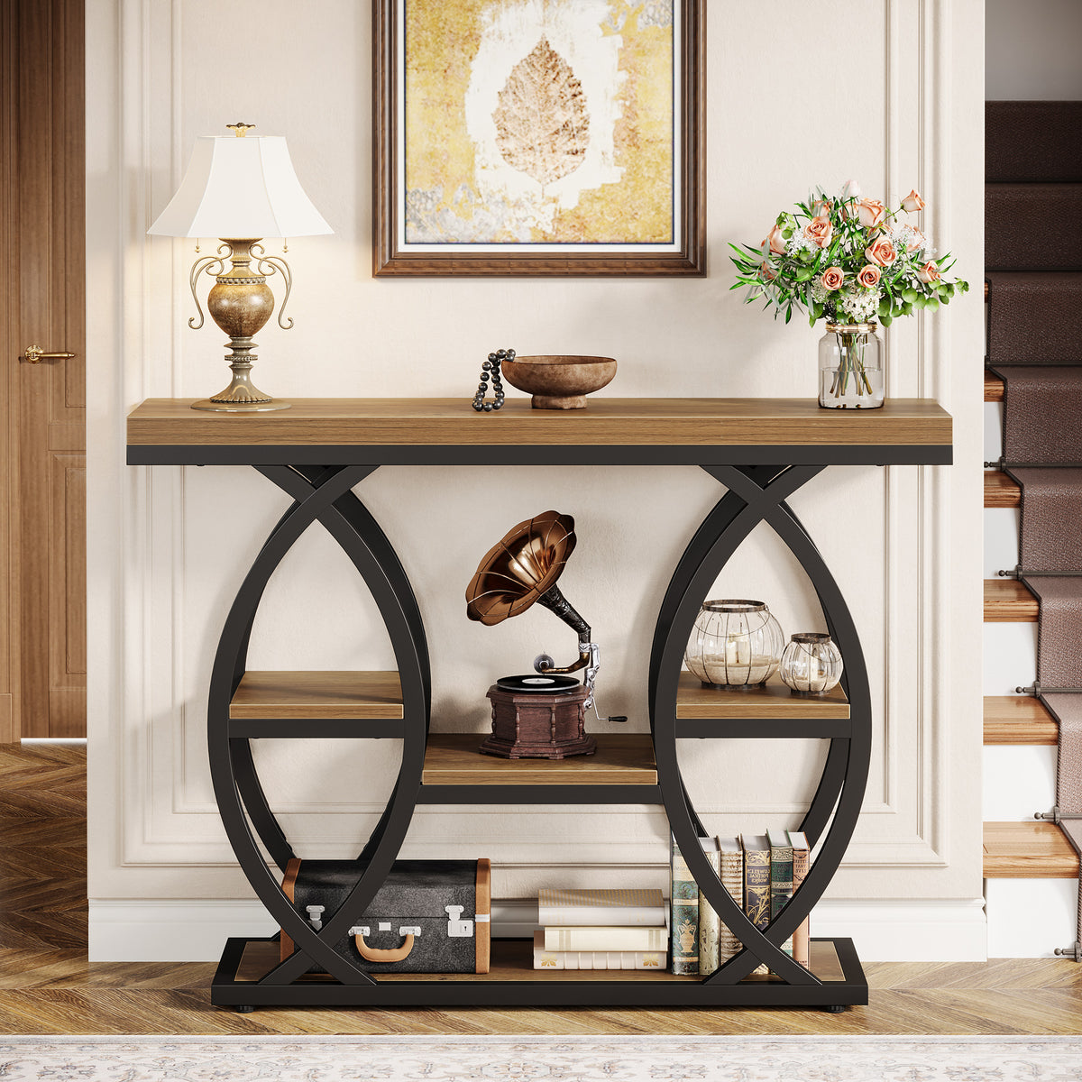 39.4" Console Table, 4-Tier Narrow Sofa Table with Metal Frame & Storage