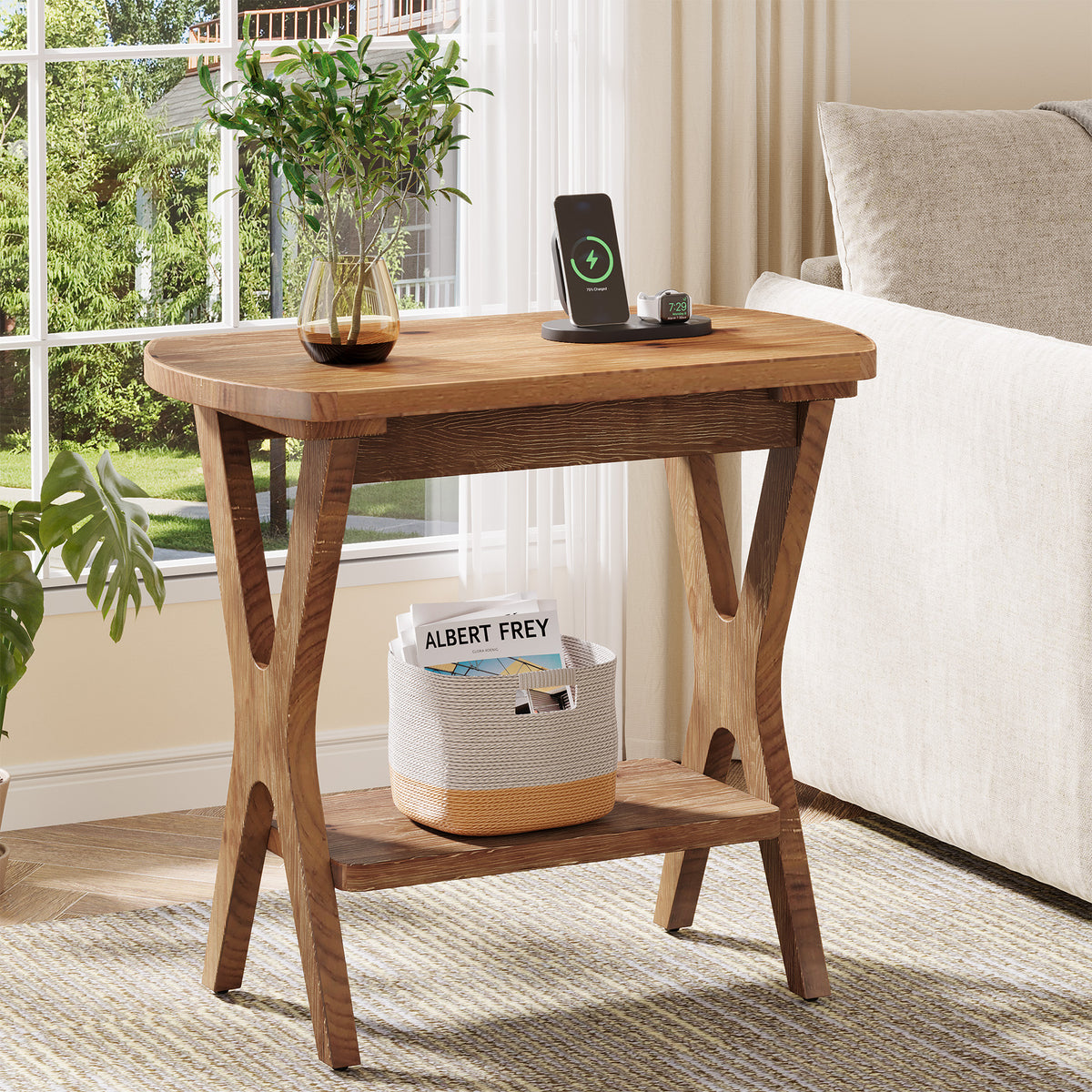 50cm Side Table, Solid Wood 2-Tier End Table Nightstand with Storage for Living Room