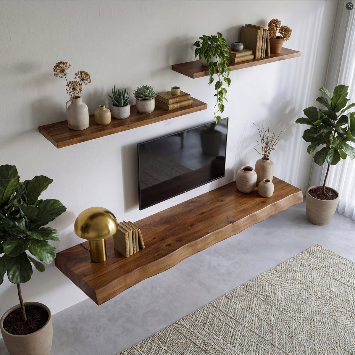 160cm Floating TV Stand, Solid Wood Wall-Mounted Media Console with Storage for 65-inch TVs