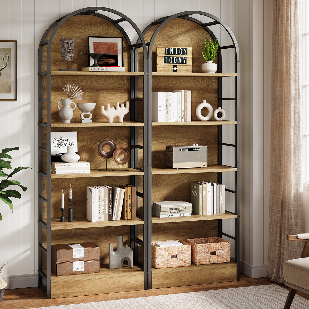 180cm Arched Bookshelf, Tall Wooden Storage Shelf for Living Room