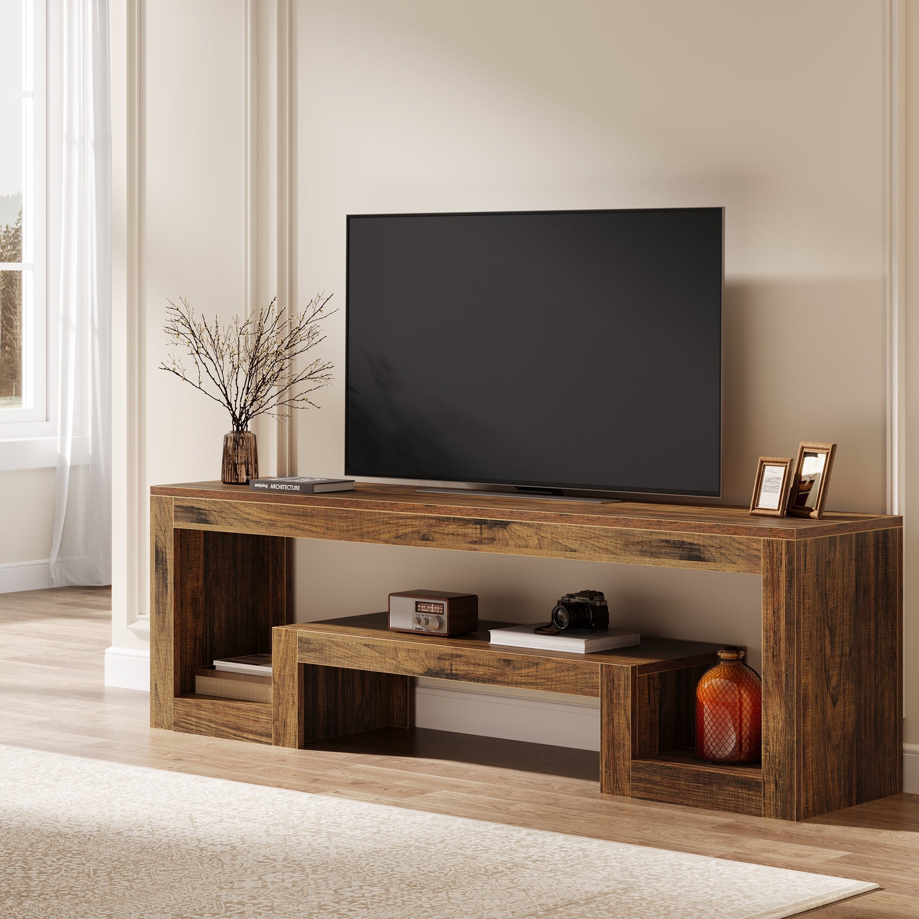 63” TV Stand, Farmhouse Entertainment Center with Open Storage Shelves for Living Room
