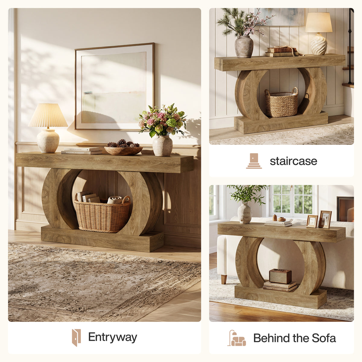 Rustic console table, 150 x 30 x 85 cm, with an open, round base,narrow two-tier hall table for hallways and living rooms