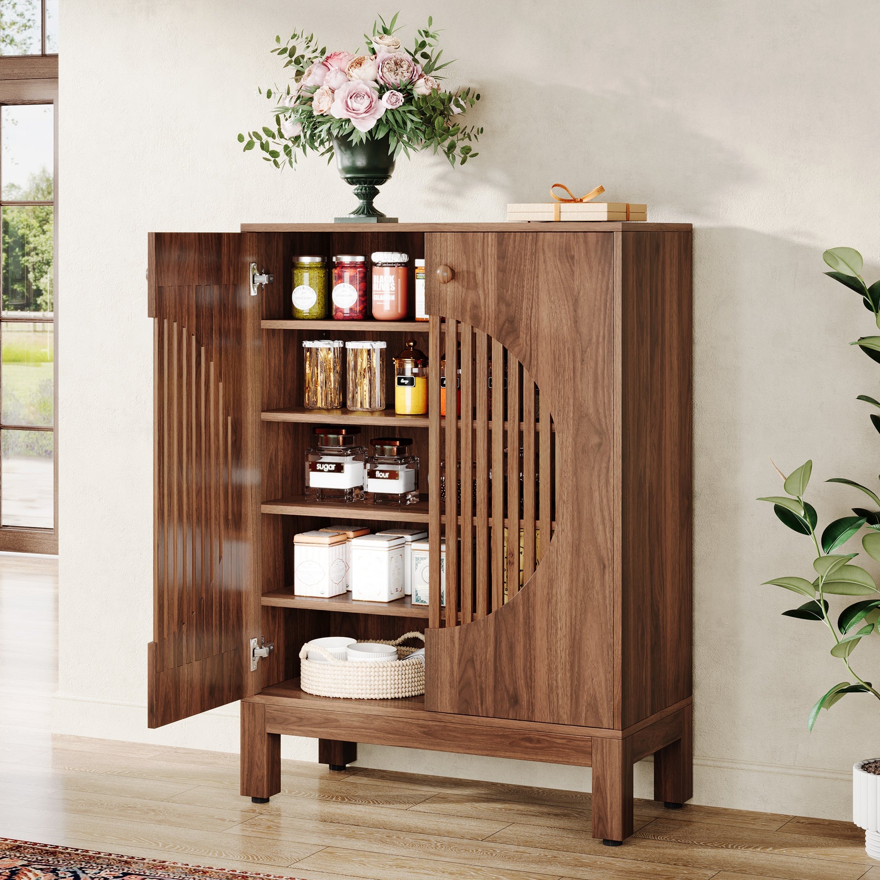 Tribesigns 28.74" Farmhouse Sideboard Cabinet, Wooden Buffet Cabinet with Round Louvered Doors for Kitchen
