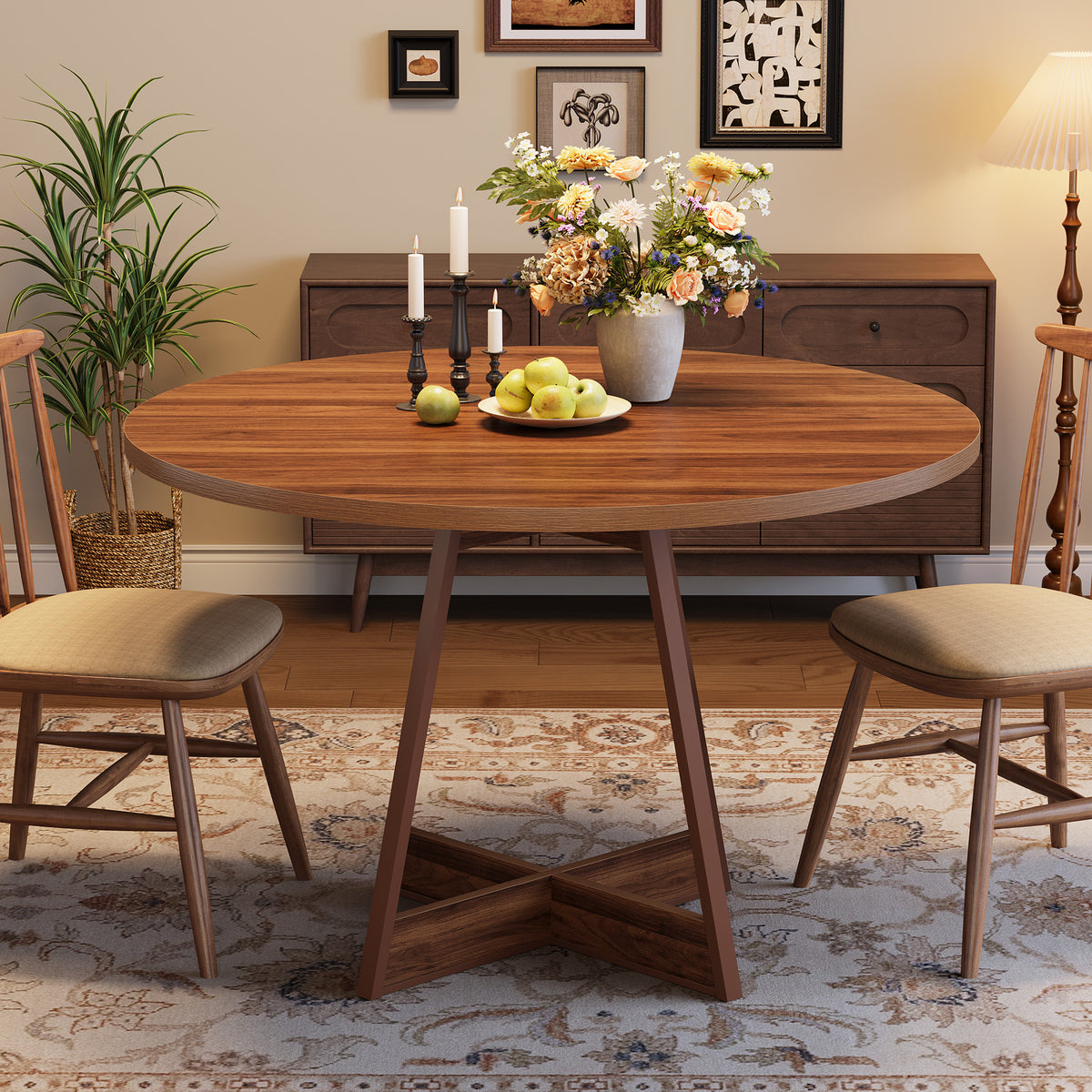 100cm Round Dining Table, Country Style Wooden Table for 2-4 People