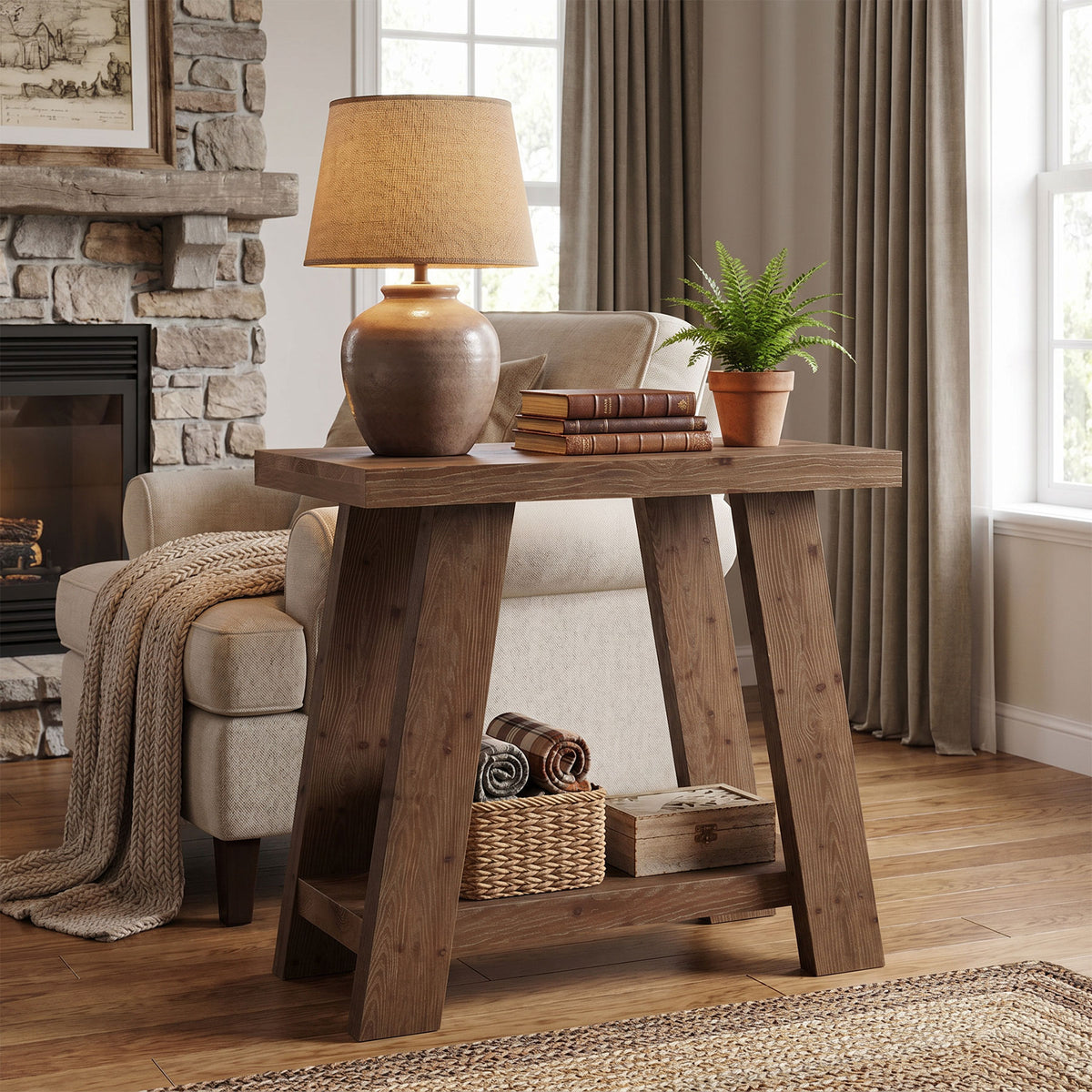 70cm Side Table, Solid Wood 2-Tier Nightstand with Storage for Living Room Bedroom