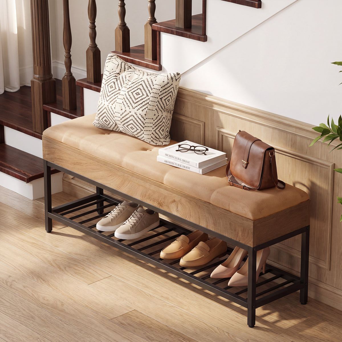140cm Shoe Bench, 2-Tier Entryway Bench with Cushion & Metal Frame