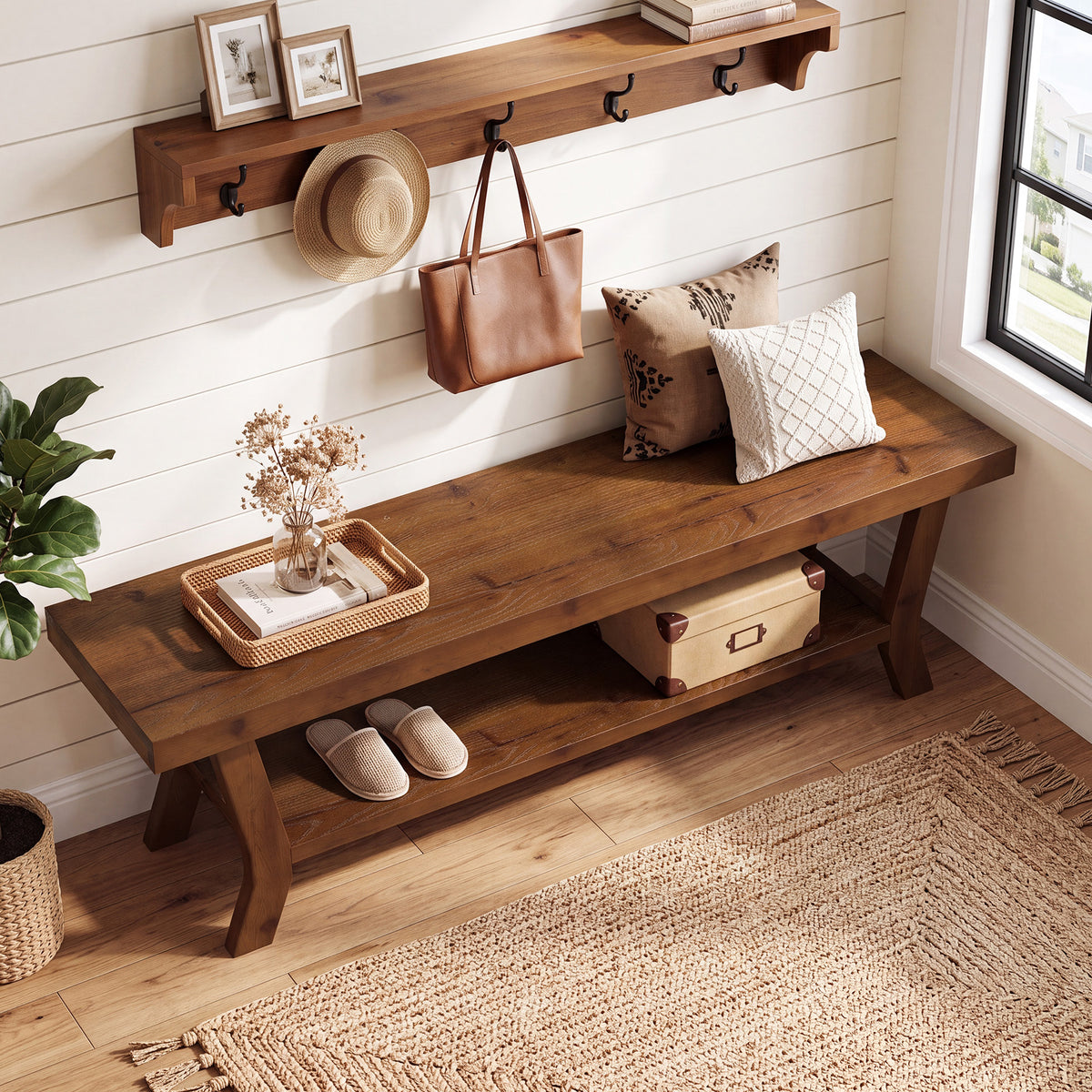 140cm Shoe Bench, Wooden Entryway Bench with Open Storage & X-Frame Legs