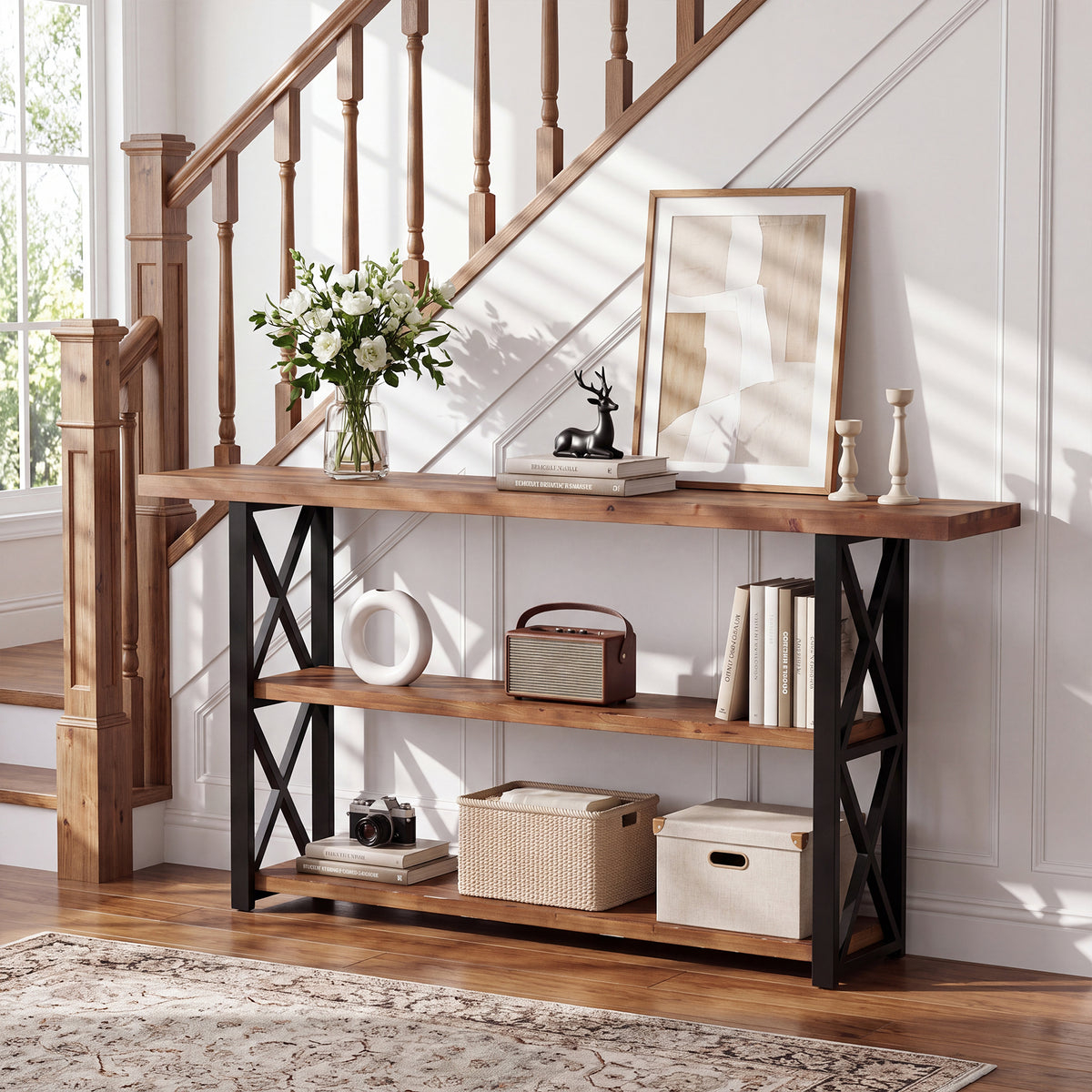 160cm Console Table, 3-Tier Solid Wood Narrow Sofa Table