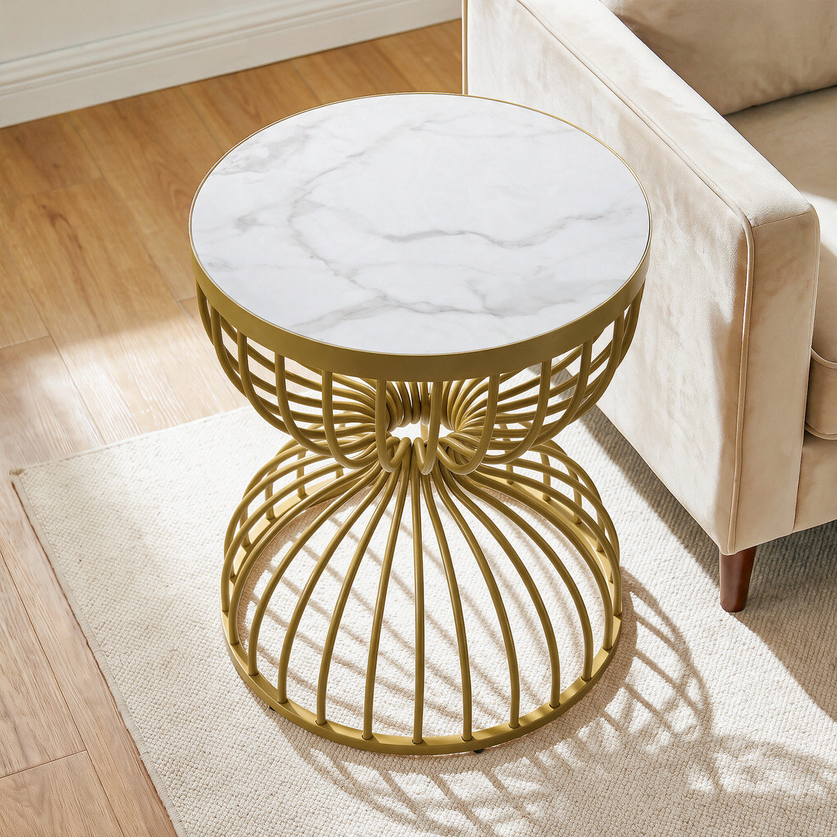 50cm Round End Table, Modern Accent Side Table with Faux Marble Top & Metal Frame