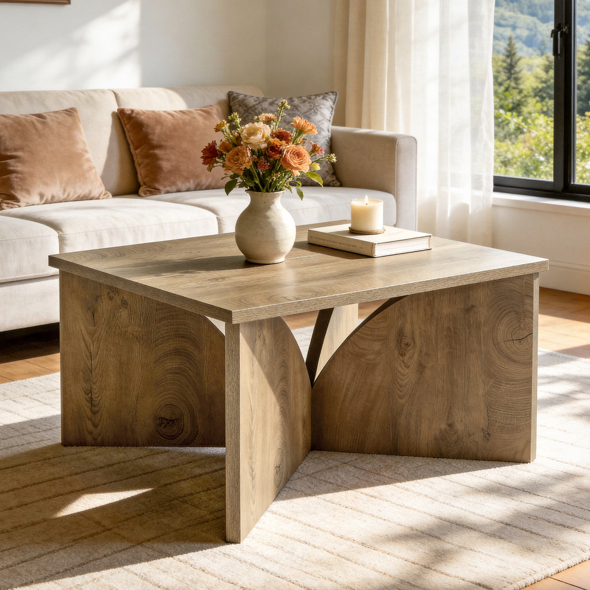 80cm Square Coffee Table, Rustic Wooden Living Room Table with Sturdy Base