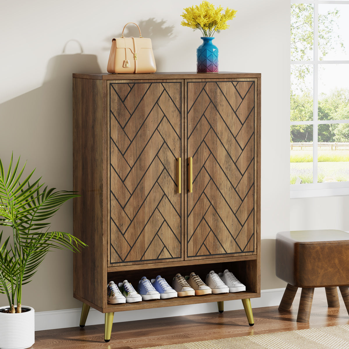 6-Tier Adjustable Shoe Cabinet, Wooden Shoe Organizer with Storage Shelves