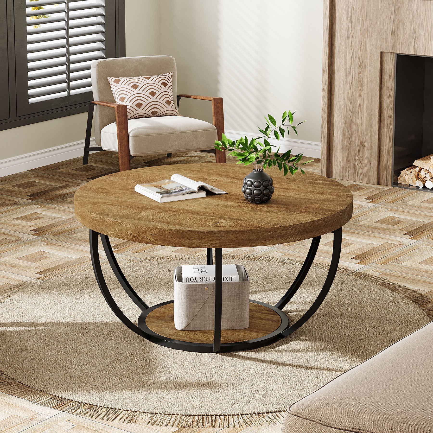 31.69" Round Wooden Coffee Table, 2-Tier Central Cocktail Table with Shelves
