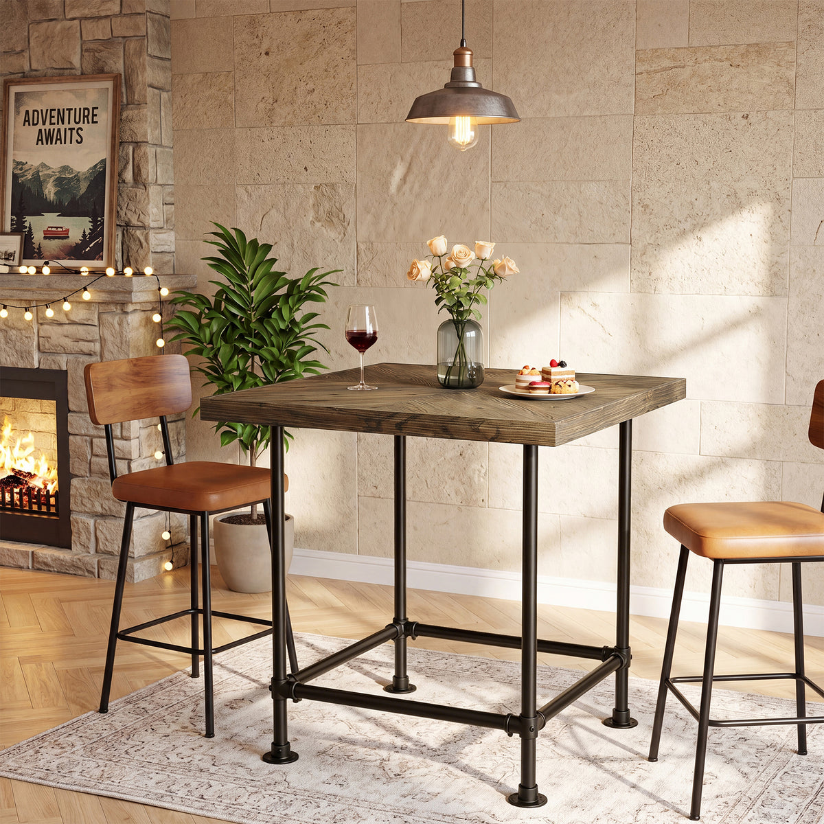 90cm Bar Table, Industrial Pub Table with Solid Wood Top for Home Bar Kitchen