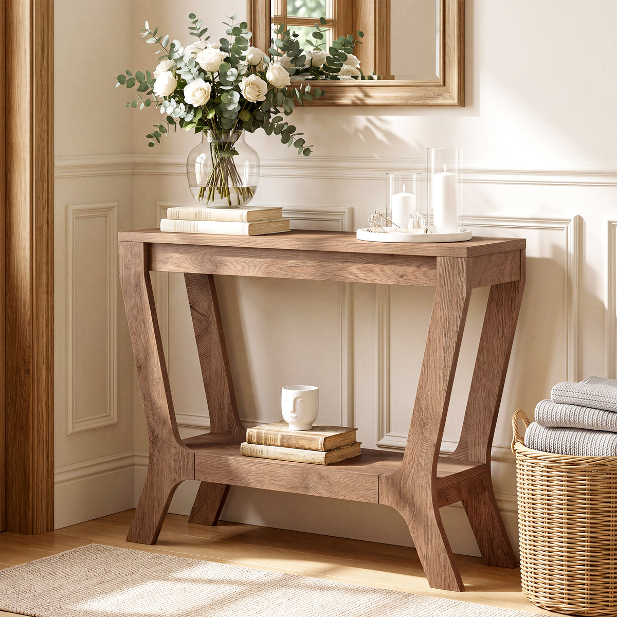 104cm Console Table, Farmhouse Rectangular Entryway Table with 2-Tier Storage
