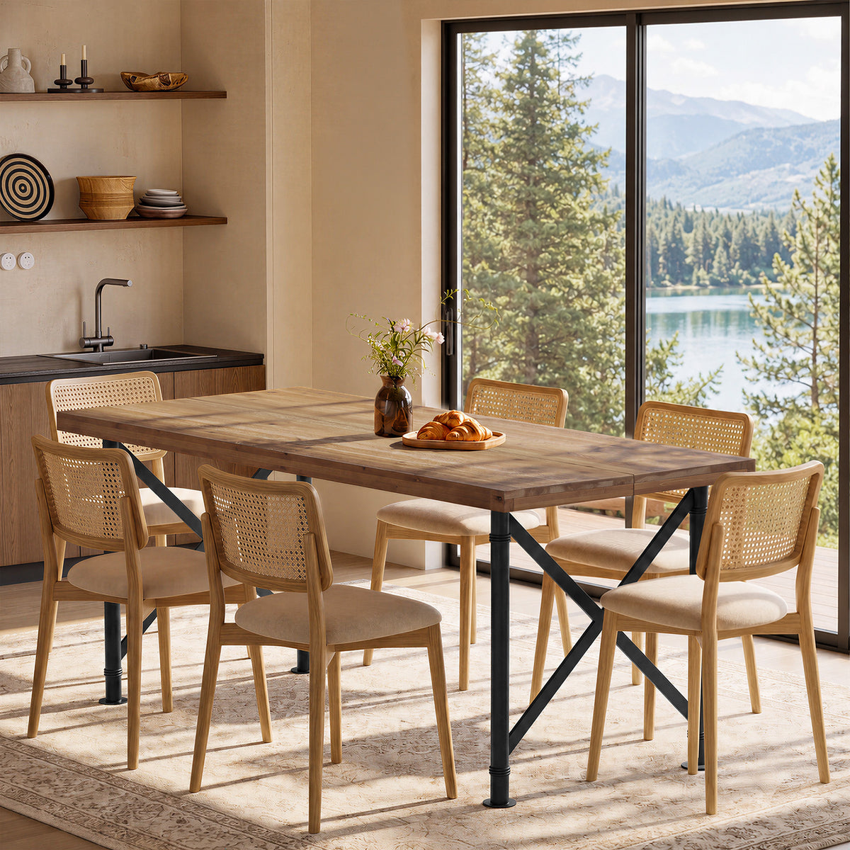 160cm Dining Table, Solid Wood 4-6 Seater with X-Frame Metal Legs