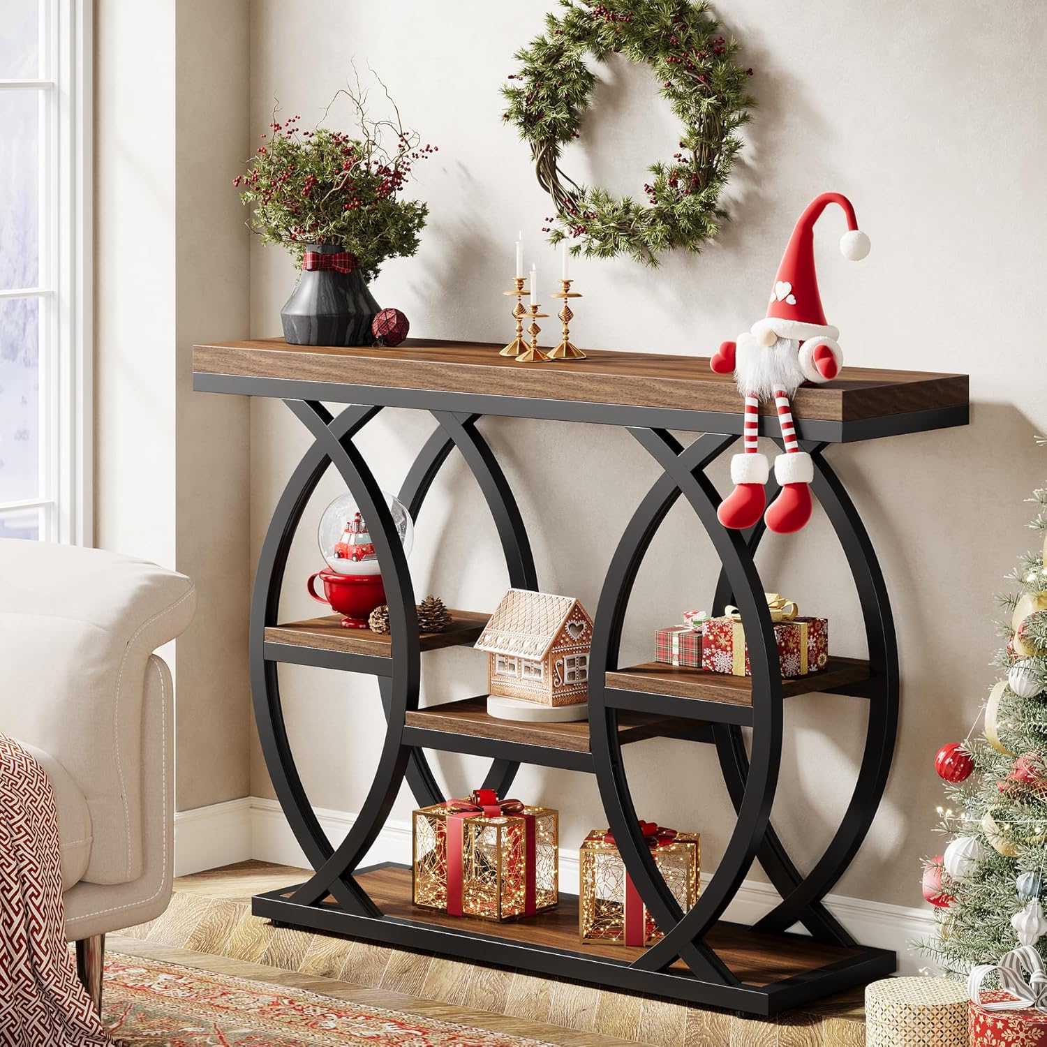 39.4" Console Table, 4-Tier Narrow Sofa Table with Metal Frame & Storage