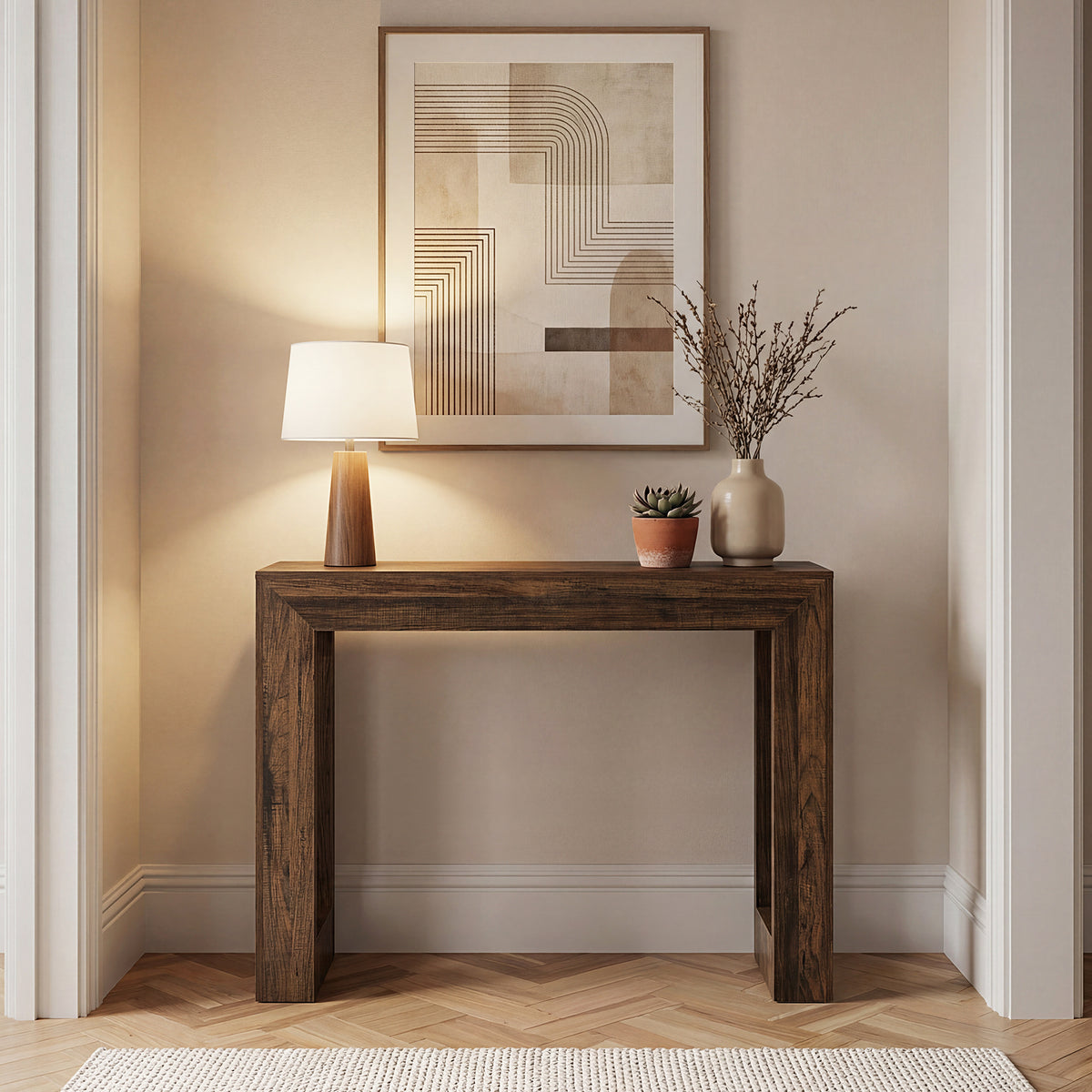 105cm Console Table, Wood-Look Entryway Table with Double Pedestal Base