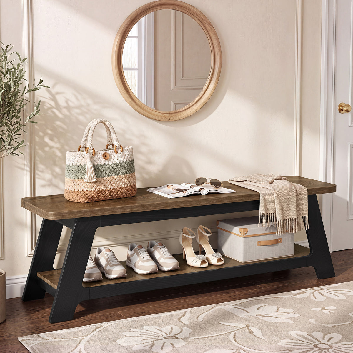 160cm Entryway Bench, Farmhouse Wooden Shoe Storage Bench with Shelf for Hallway