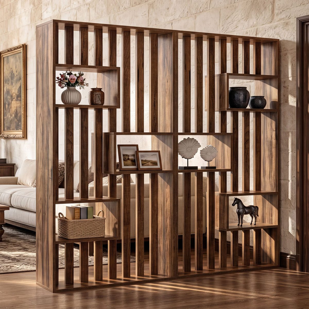 180cm Room Divider, Freestanding Slatted Partition with Built-in Shelves
