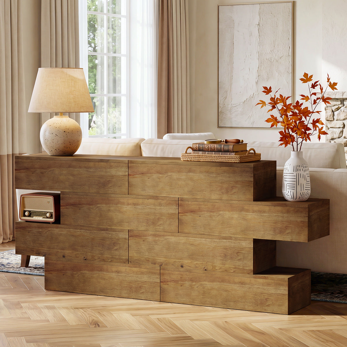 110cm Console Table, Asymmetrical Solid Wood Rustic Sofa Table for Living Room