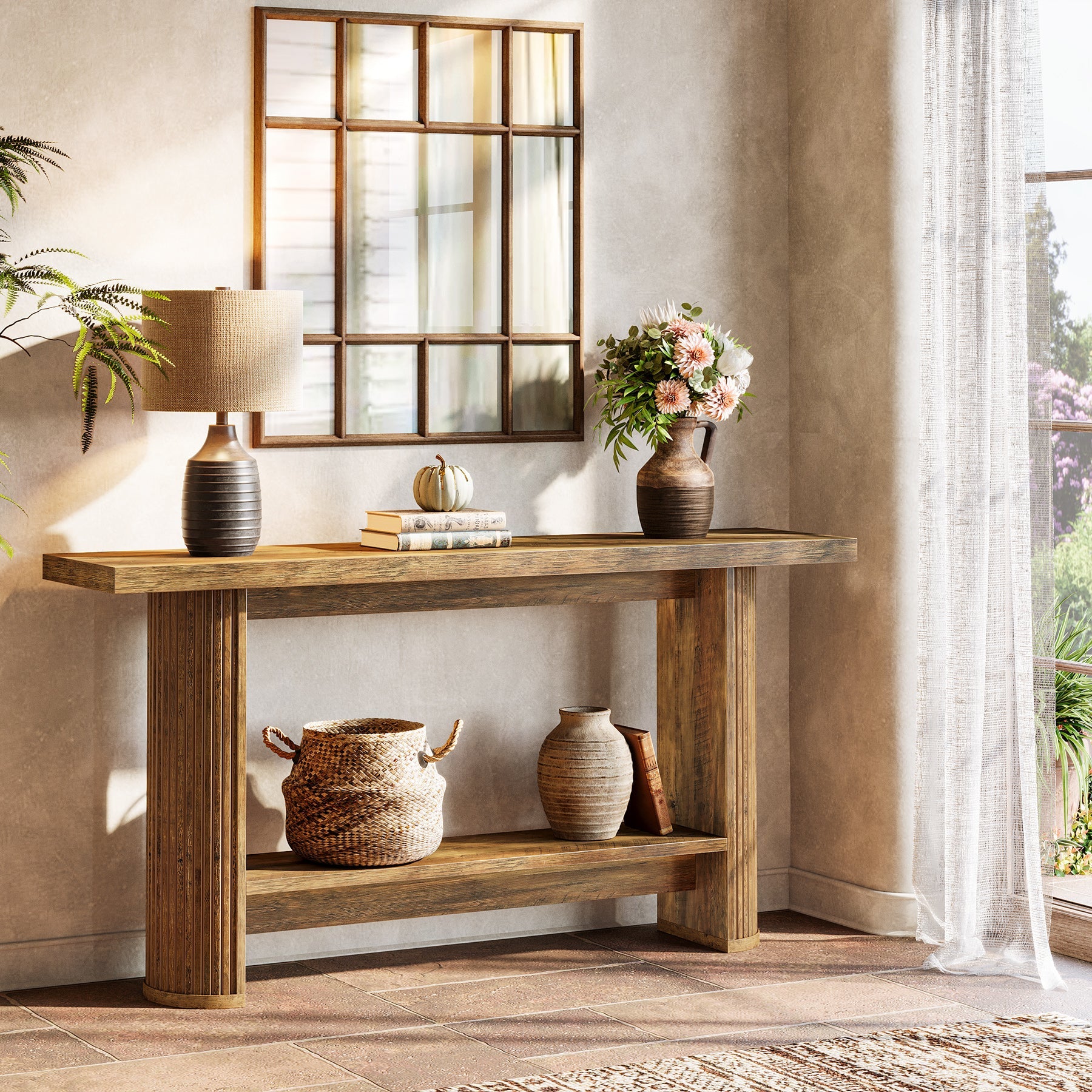 55" Narrow Console Table with Storage Shelf, Rustic Entryway Sofa Table