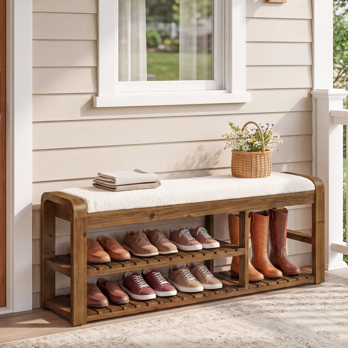 140cm Shoe Storage Bench, Solid Wood Upholstered Entryway Bench with Removable Cushion