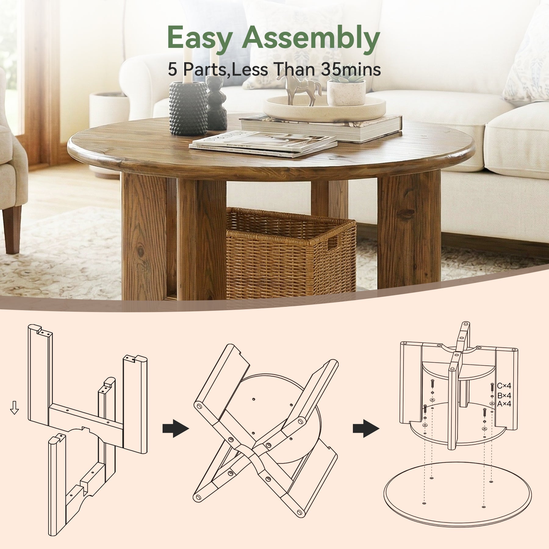 80cm Solid Wood Round Coffee Table, 2-Tier Accent Center Table with Storage