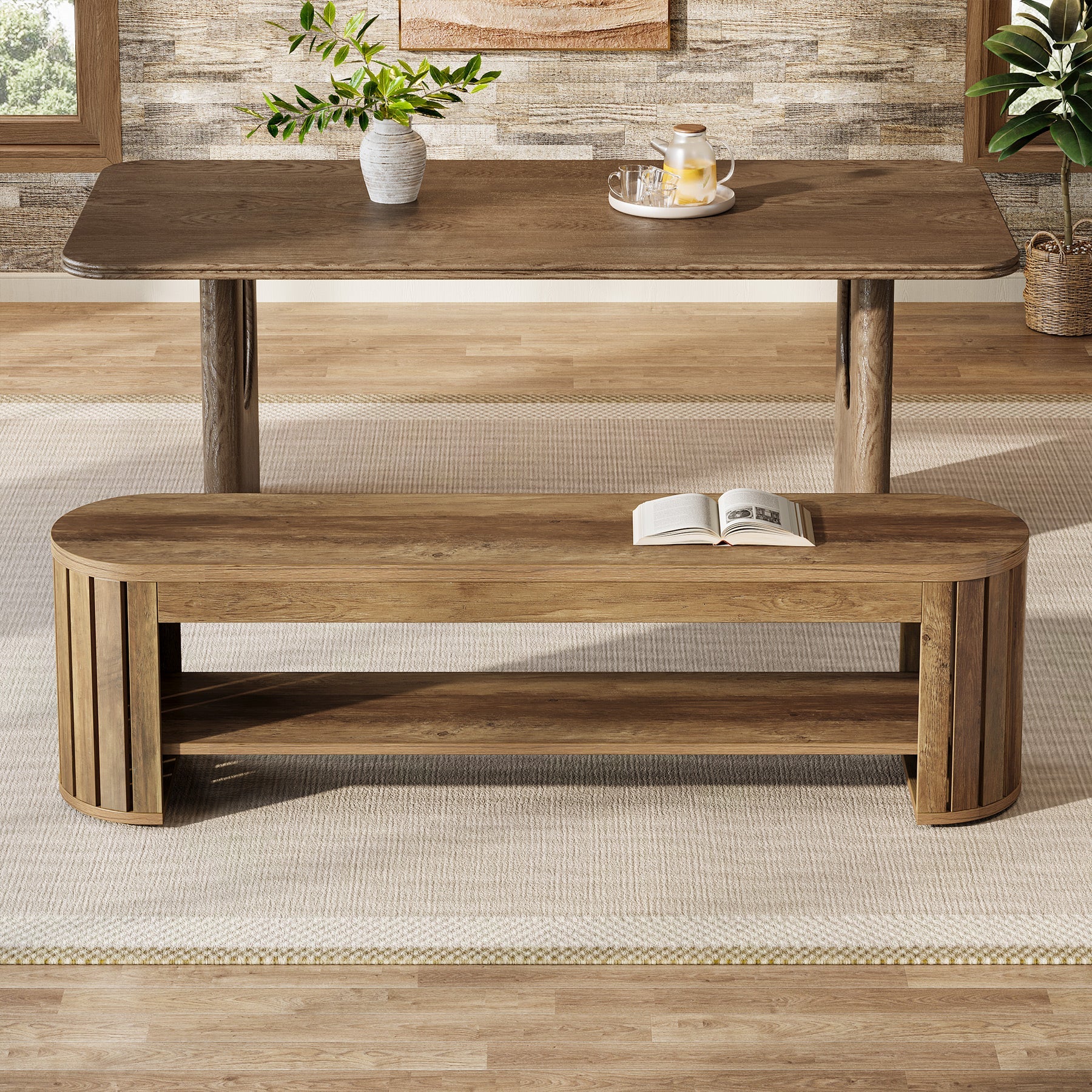 63" Wooden Dining Bench with Arc Slat Legs, Farmhouse Bench for Dining Room