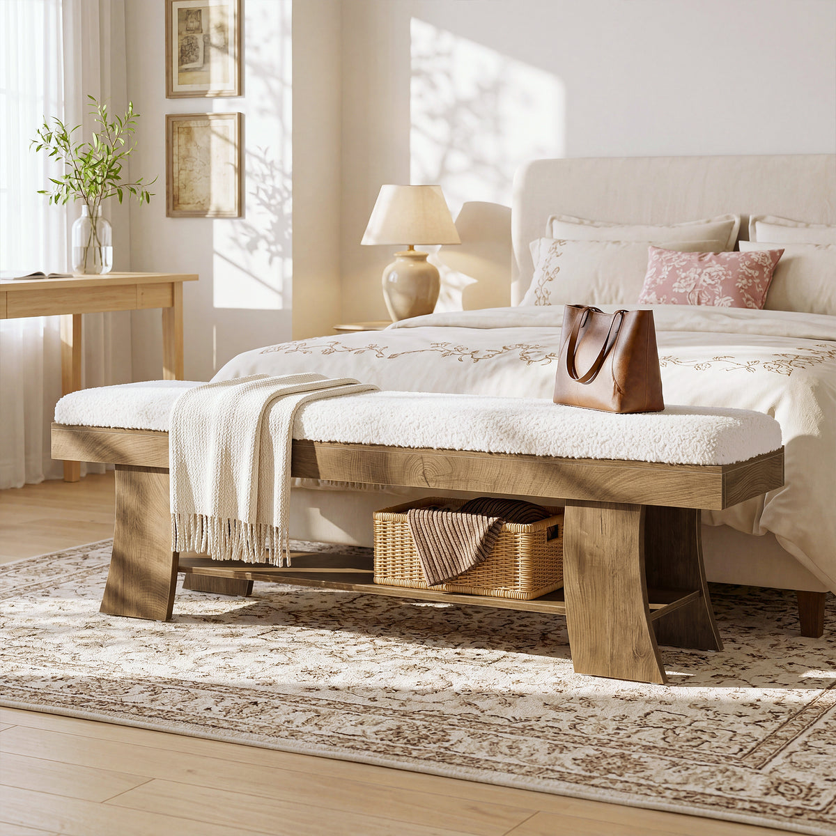 150cm Entryway Bench, Upholstered Shoe Bench with Cushion & Storage Shelf for Hallway