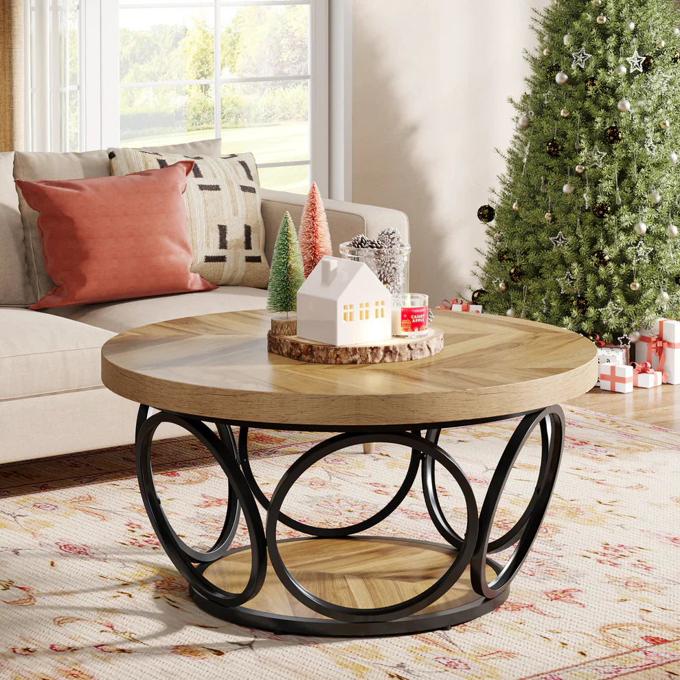 Farmhouse Coffee Table, Round Center Table with 2 Storage Shelves