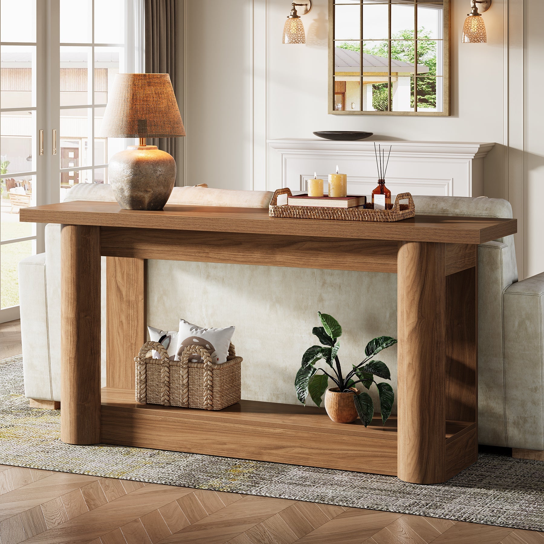 63" Farmhouse Console Table with 2-Tier Storage, Rustic Narrow Sofa Table Behind Couch