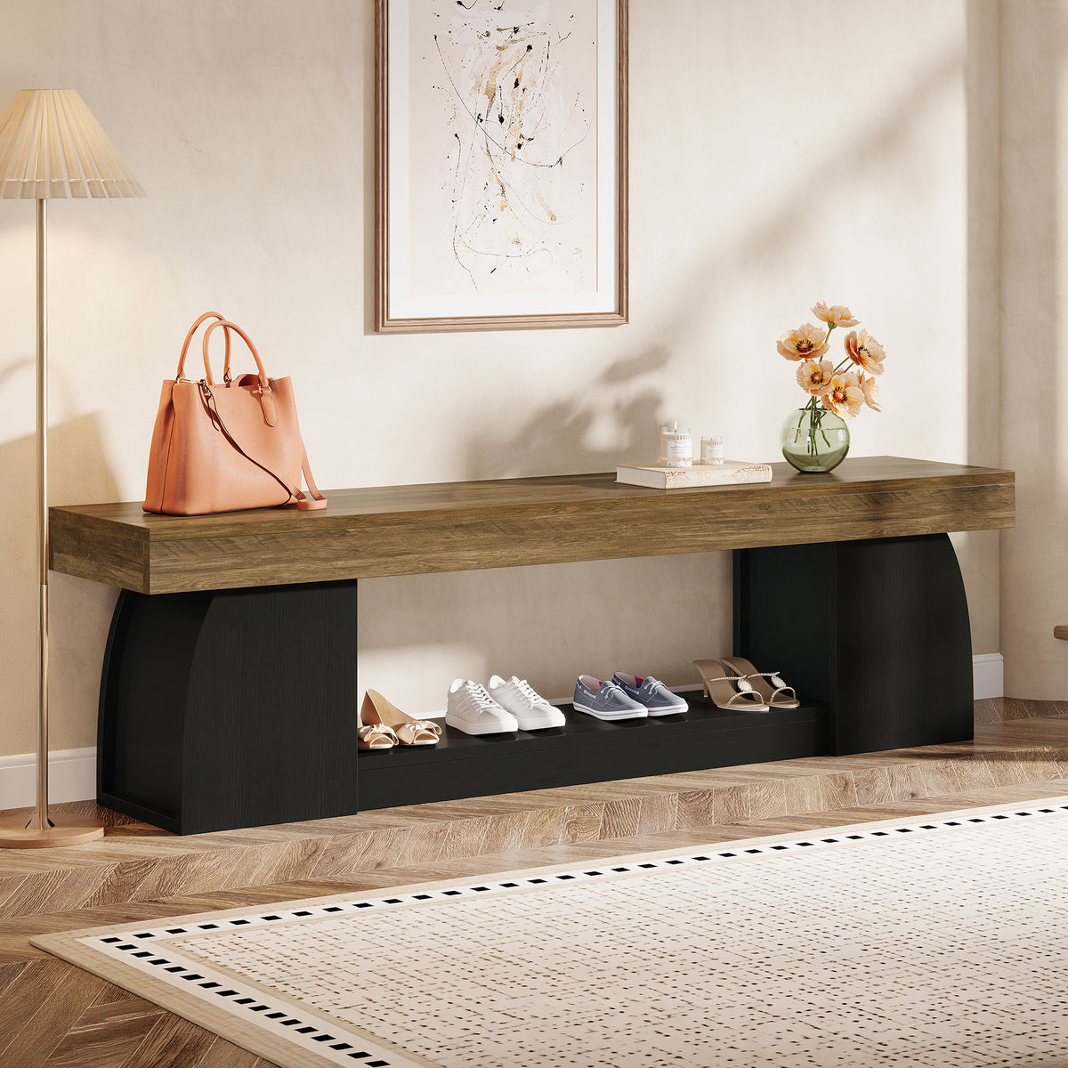 160cm Entryway Bench, 2-Tier Farmhouse End of Bed Bench with Sturdy Frame