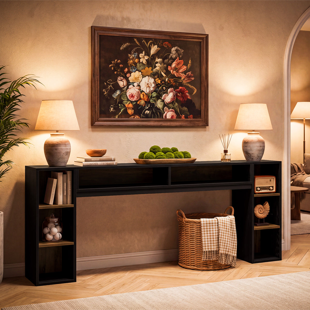 220cm Console Table, Narrow Entryway Table with Open Storage Shelf for Hallway Living Room