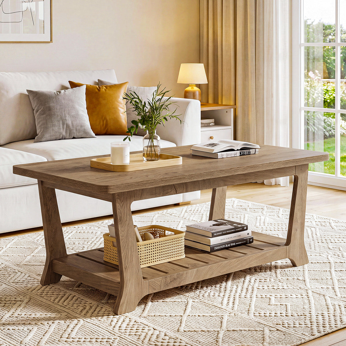 120cm Rectangle Coffee Table, Farmhouse Centre Table with Shelves for Living Room