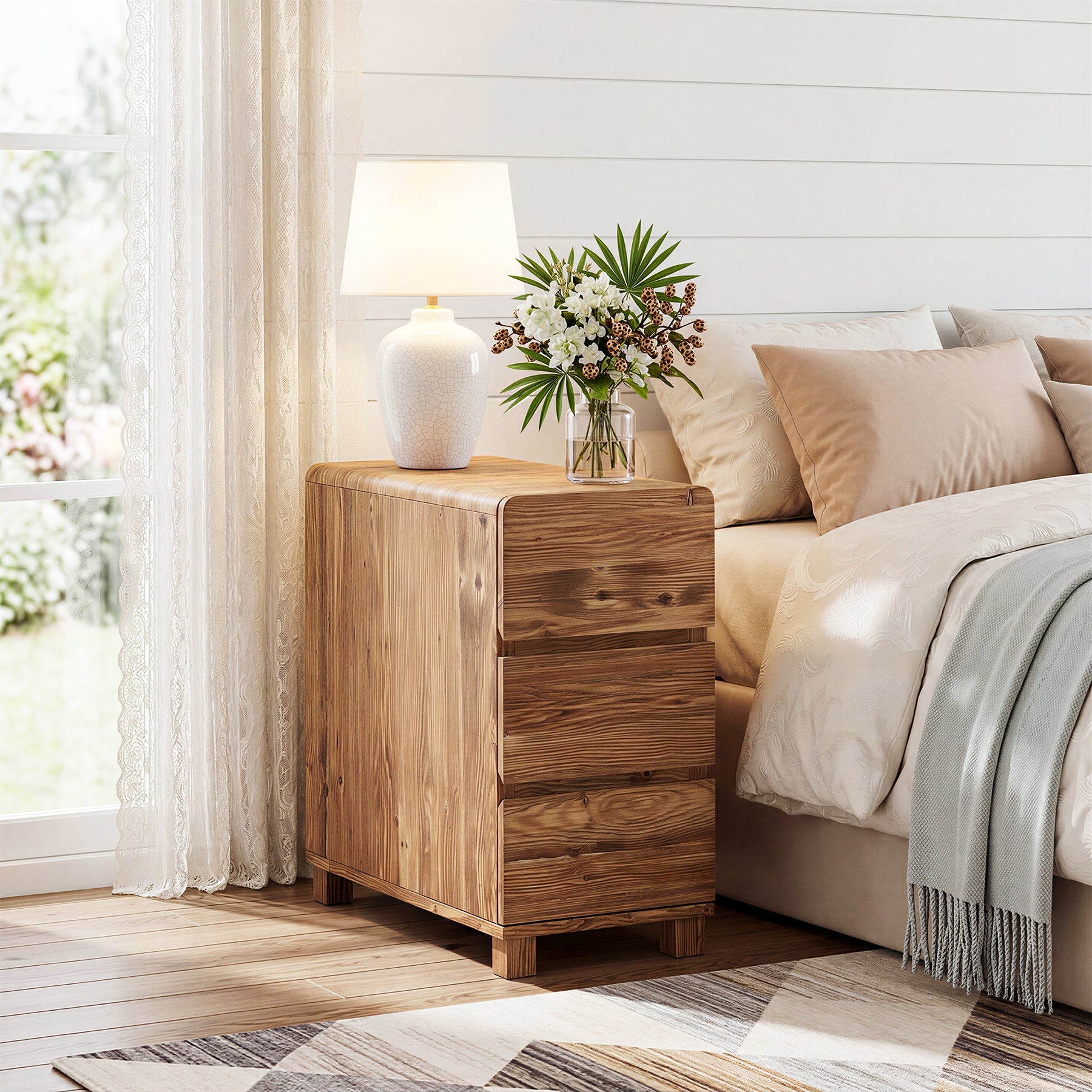 60cm 3-Drawer Nightstand, Solid Wood Bedside Table for Bedroom