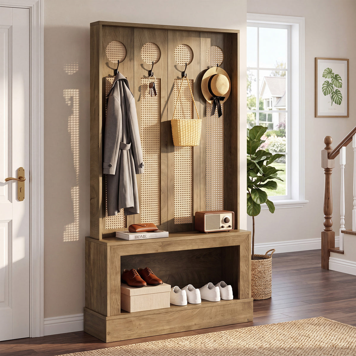 177cm Wall Room Divider, Rattan Partition with LED Light, Shelves & 4 Hooks for Living Room