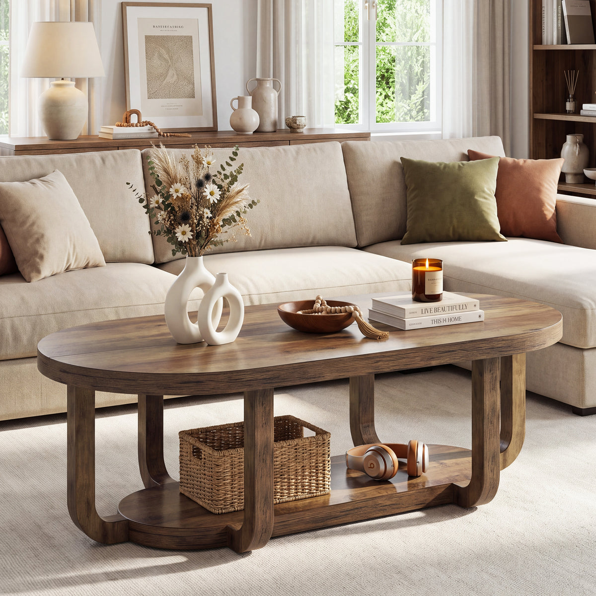 140cm Oval Coffee Table, 2-Tier Storage with Curved Leg Design for Living Room