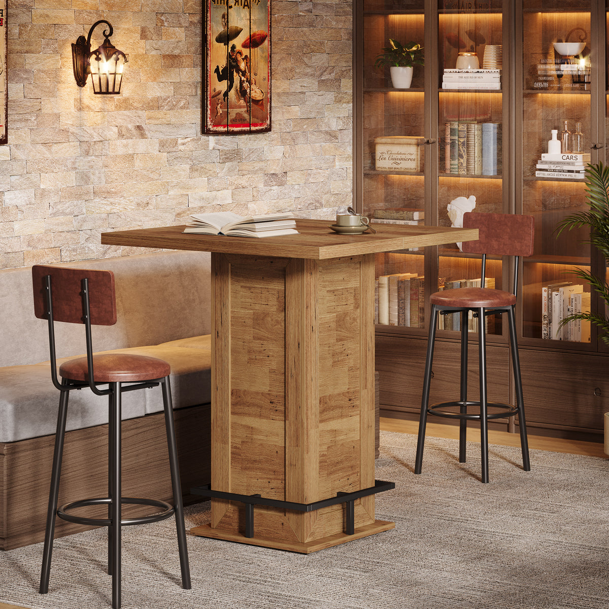 99cm Bar Table, Square Wooden Bistro Table for Home Pub
