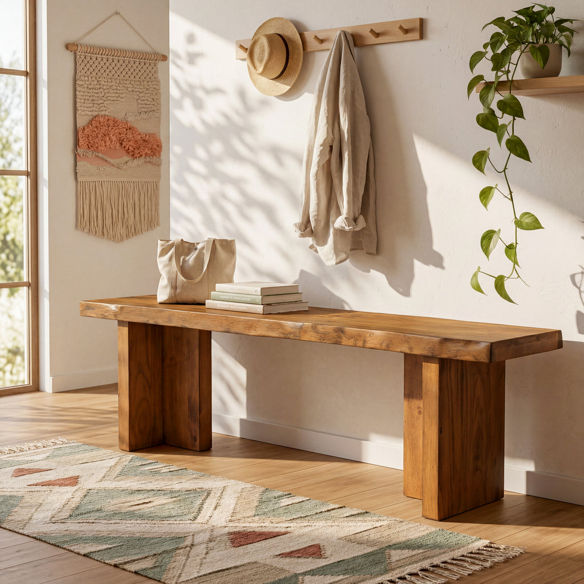 140cm Entryway Bench, Solid Wood Shoe Bench for Hallway & Living Room