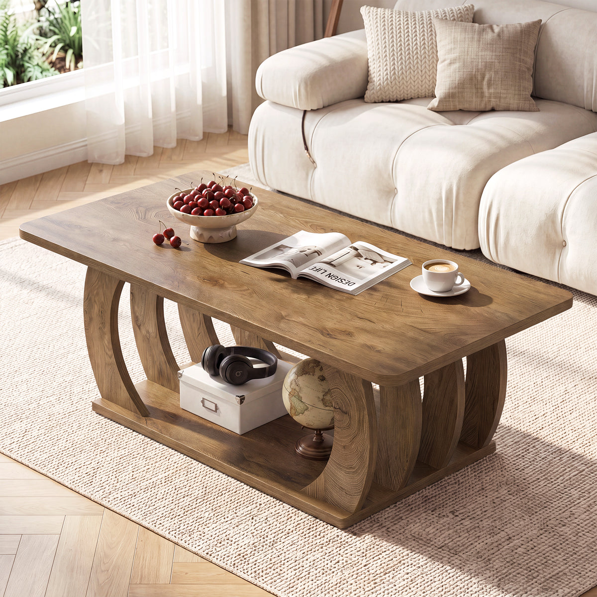 Tribesigns 120cm Farmhouse Coffee Table, 2-Tier Center Table with Storage