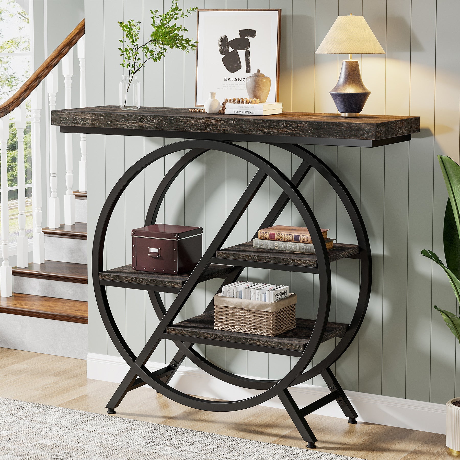 39.4" 4-Tier Console Table, Entryway Table with Geometric Metal Frame