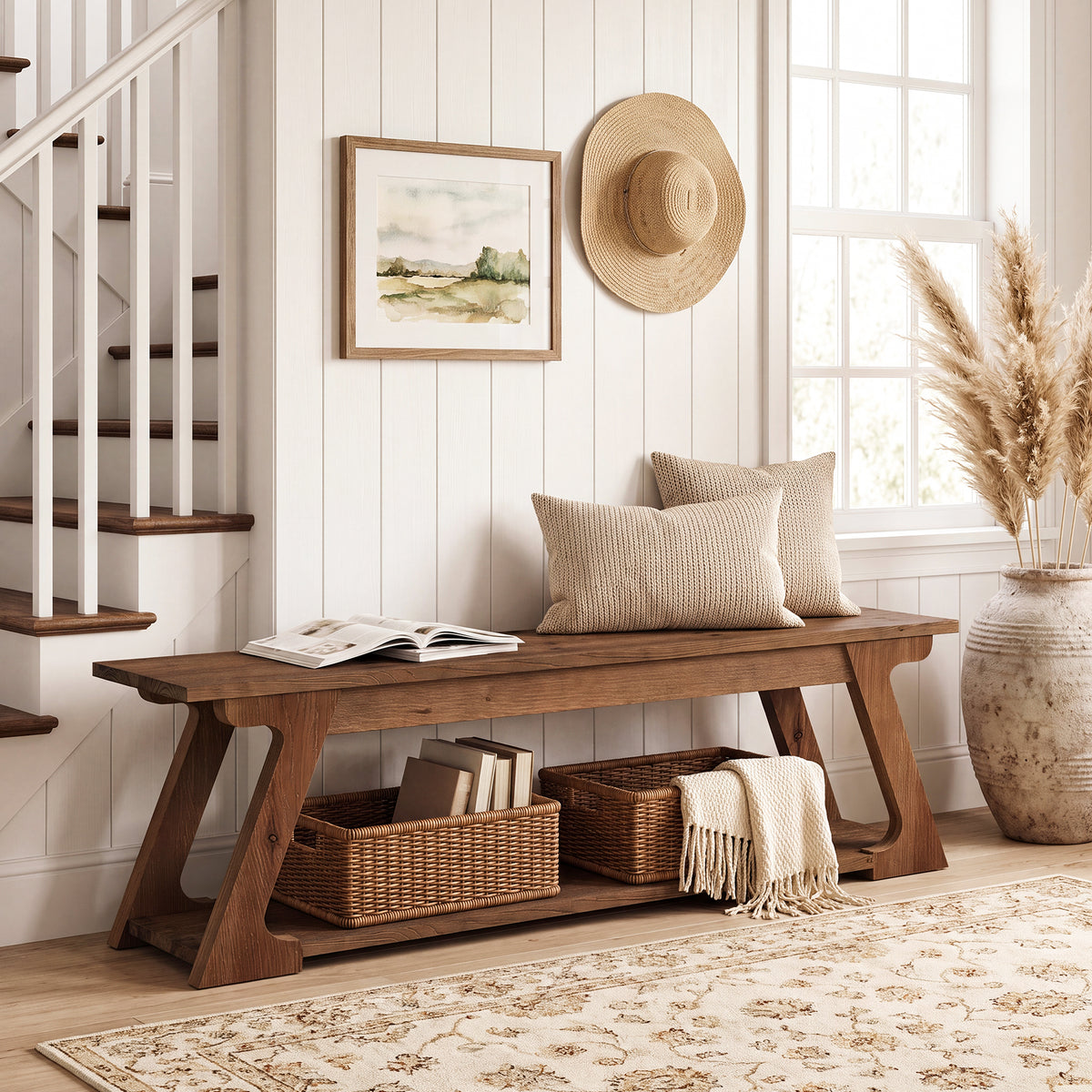 150cm Entryway Bench, Solid Wood Farmhouse Storage Bench for Hallway Living Room