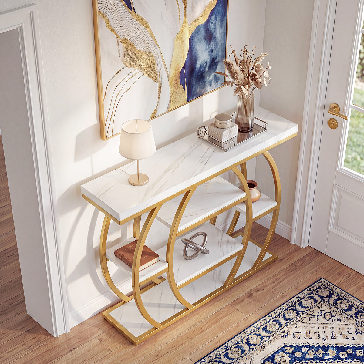 105cm Console Table, Narrow 5-Tier Entryway Table with Faux Marble Top & Arched Metal Frame