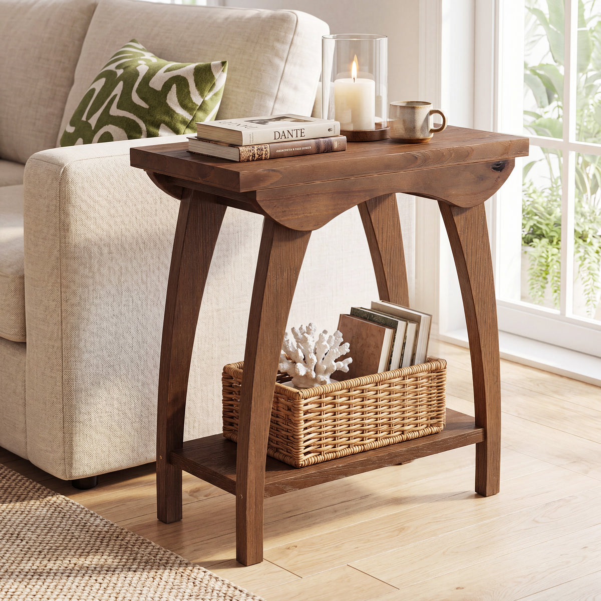 60cm End Table, Farmhouse Solid Wood Side Table with Lower Shelf for Living Room